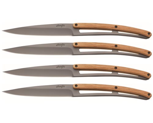 Deejo Set of 4 Table Steak Knives, Titanium, Olive Wood 4FB001